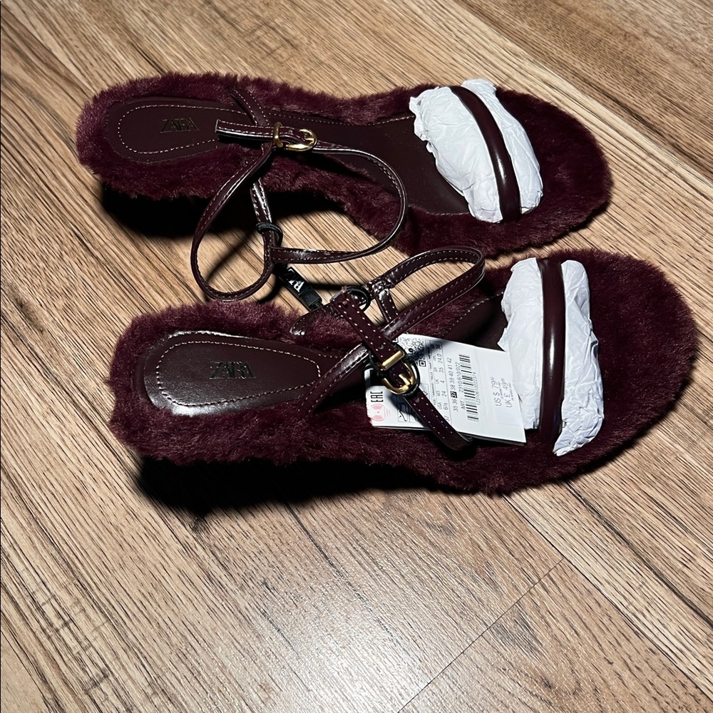 NEW! Zara Faux Fur Sole Heeled Sandals Size 6 1/2 or 37 - Picture 9 of 10
